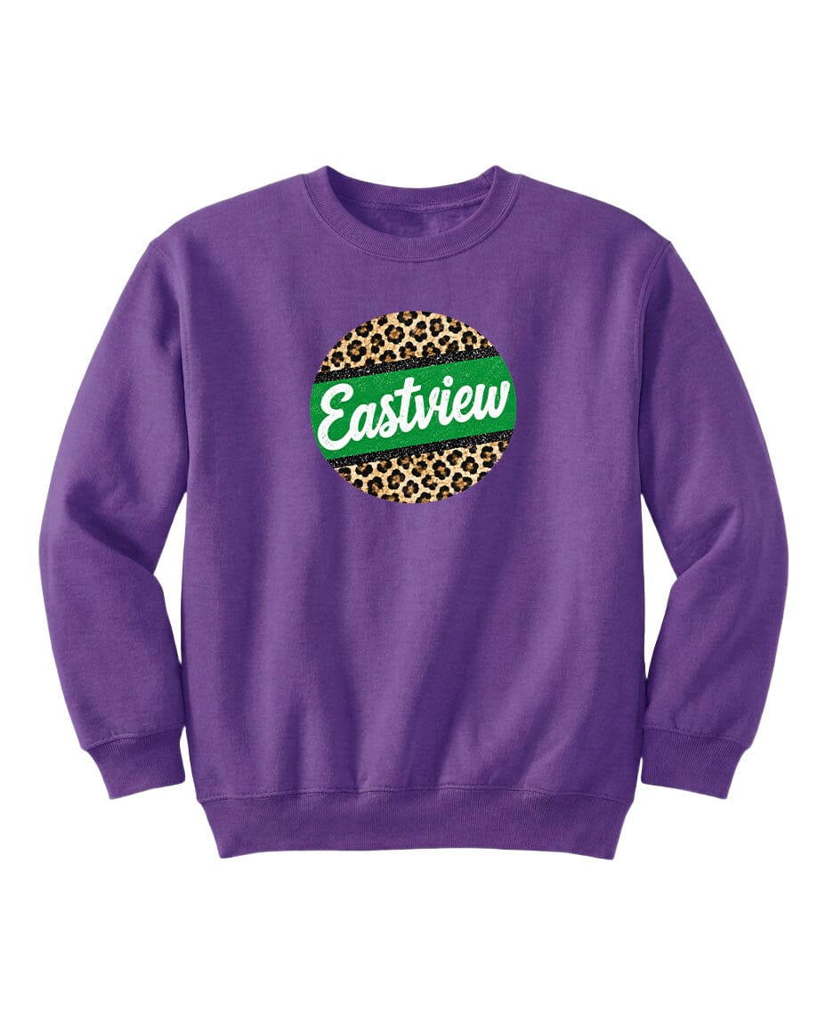 A purple sweatshirt with a leopard print design and the word "Eastview" printed on it.