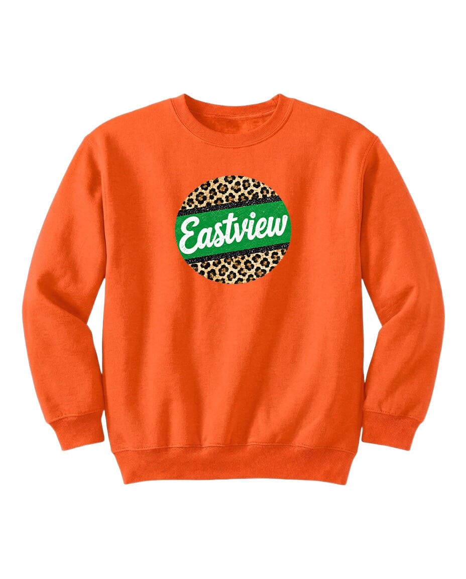 An orange sweatshirt with a leopard print design and the word "Eastview" printed on it.