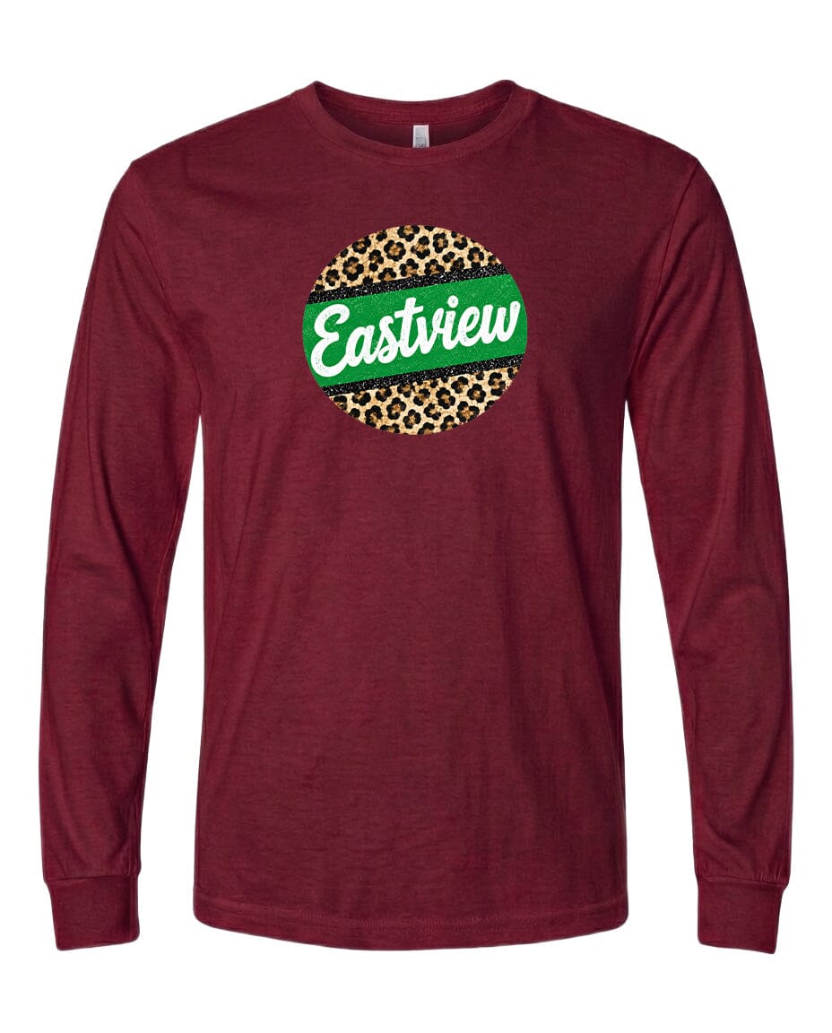 A burgundy long-sleeved t-shirt with a green and leopard print circular logo on the front.