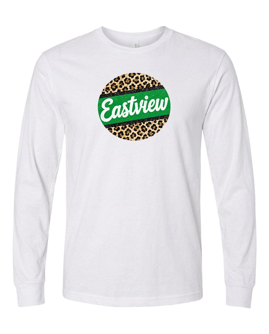 A white long-sleeved t-shirt with a circular logo on the front. The logo features a green border and a leopard print design.