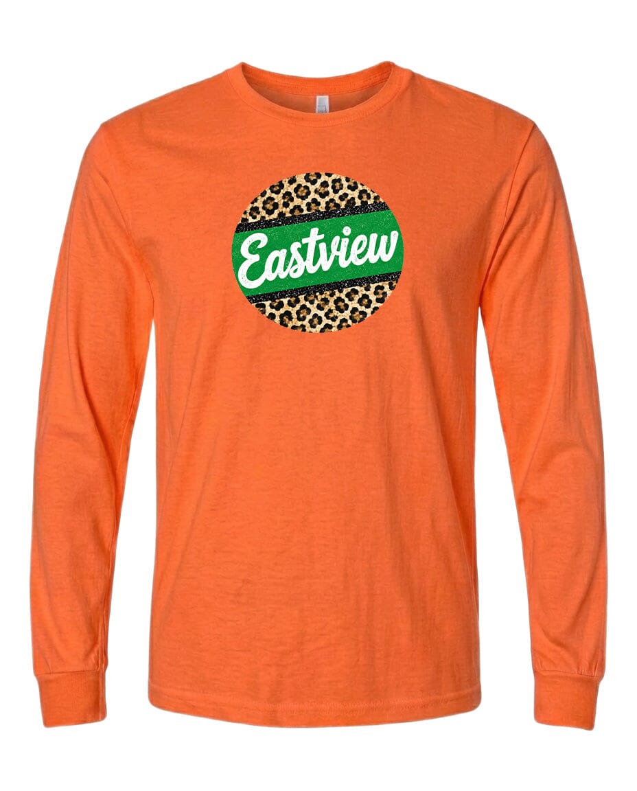 An orange long-sleeved t-shirt with a green and leopard print circular logo on the front.