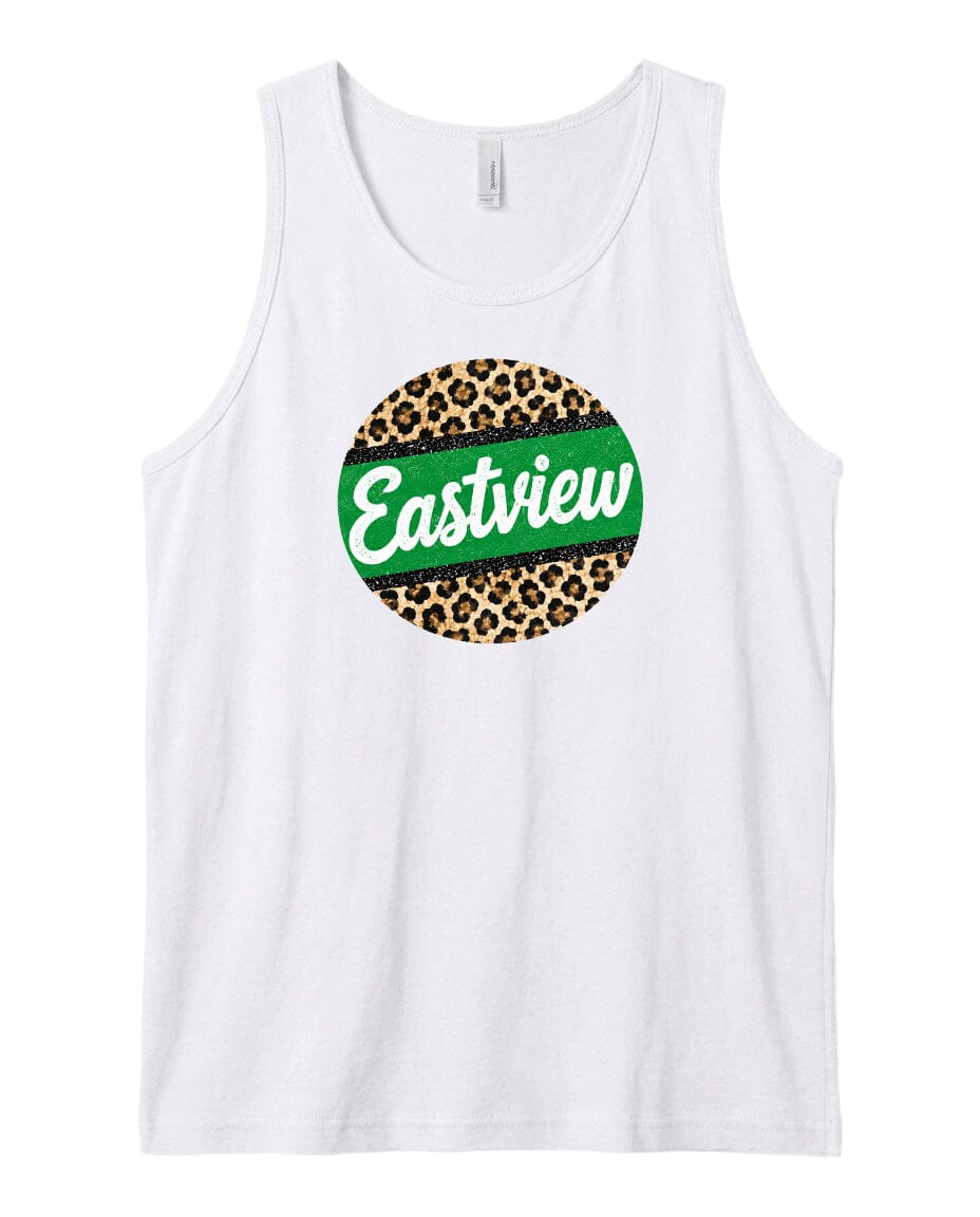 A white tank top with a circular design featuring a leopard print pattern and the word "Eastview" written in green text.