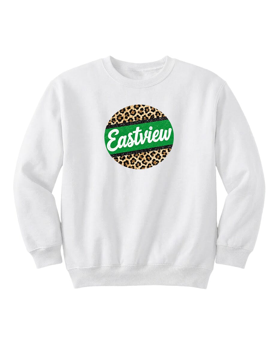 A white sweatshirt with a circular logo on the front. The logo features a leopard print design with the word "Eastview" written in green text.