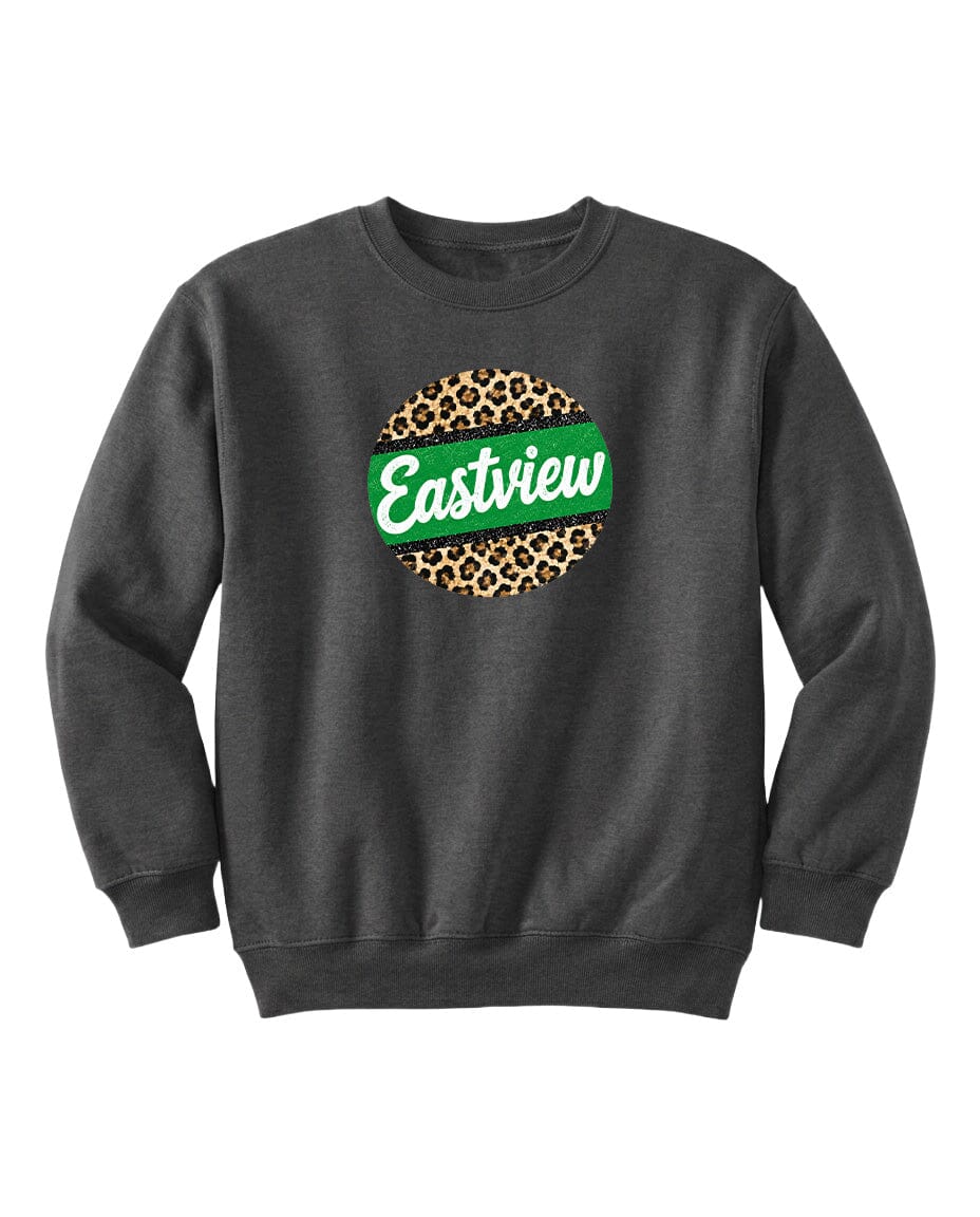 A gray sweatshirt with a leopard print design and the word "Eastview" printed on it.