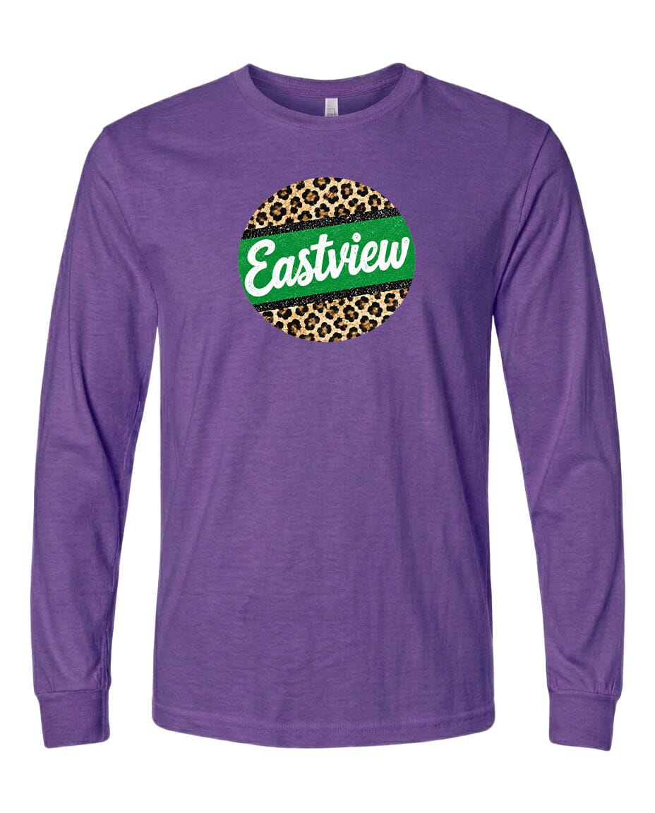 A purple long-sleeved t-shirt with a green and leopard print circular logo on the front.