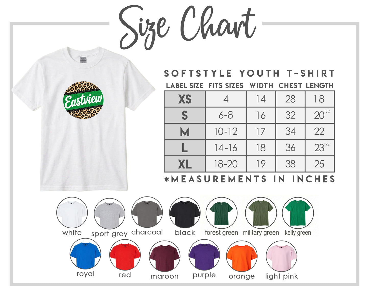 The image is a size chart for a softstyle youth t-shirt, providing measurements for different sizes and corresponding t-shirt colors.
