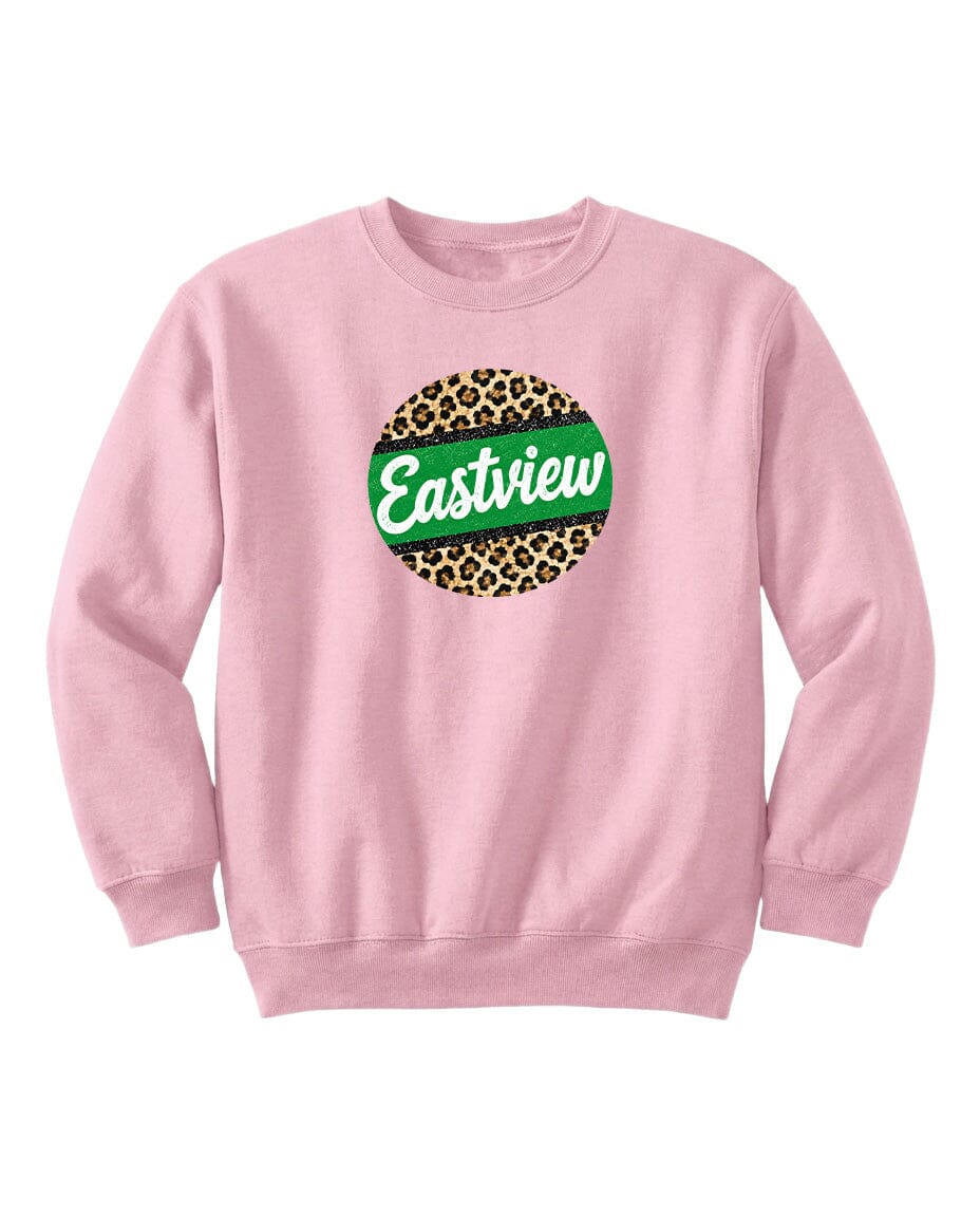 A pink sweatshirt with a leopard print design and the word "Eastview" printed on it.