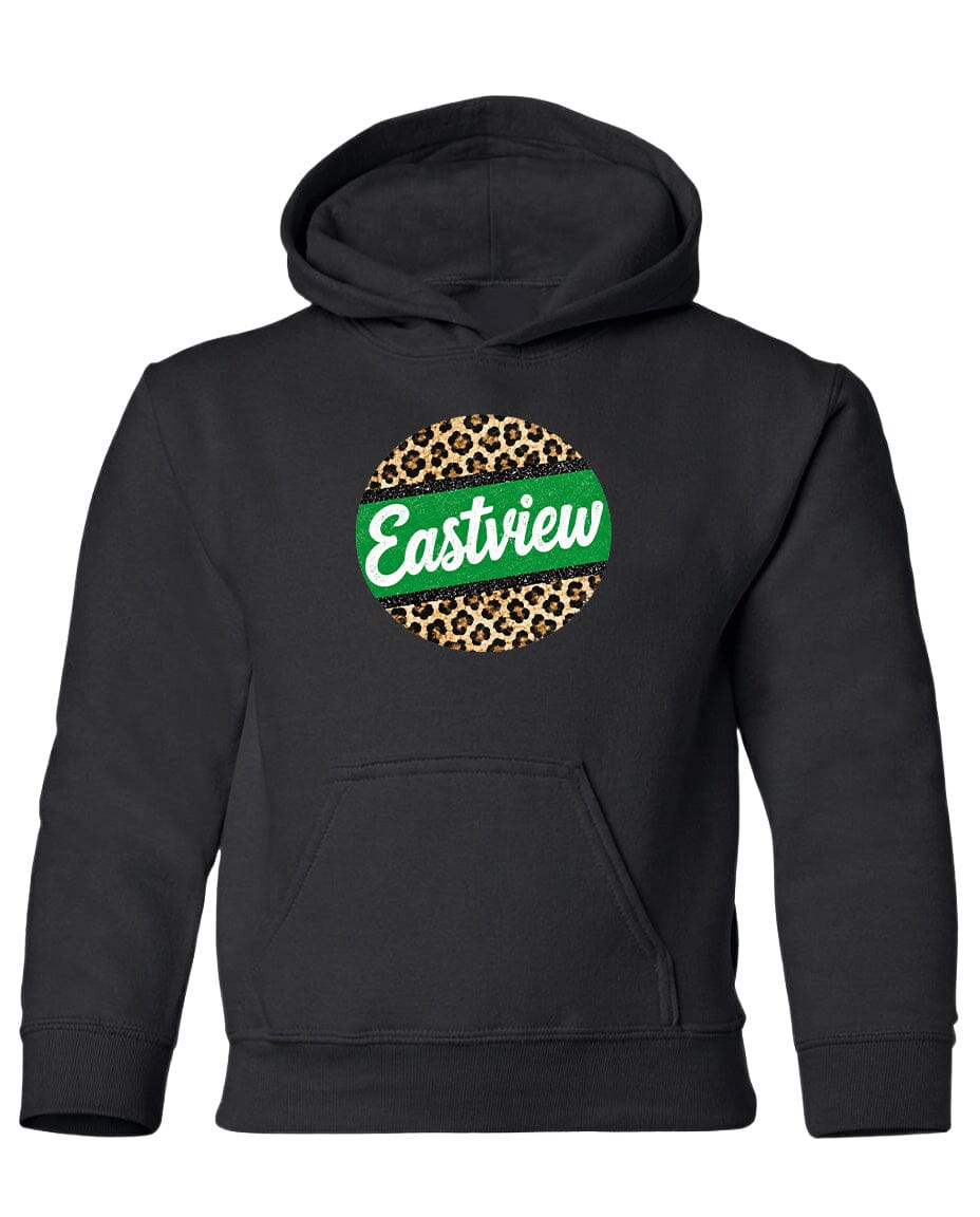 A black hoodie with a leopard print design and the word "Eastview" printed on it.