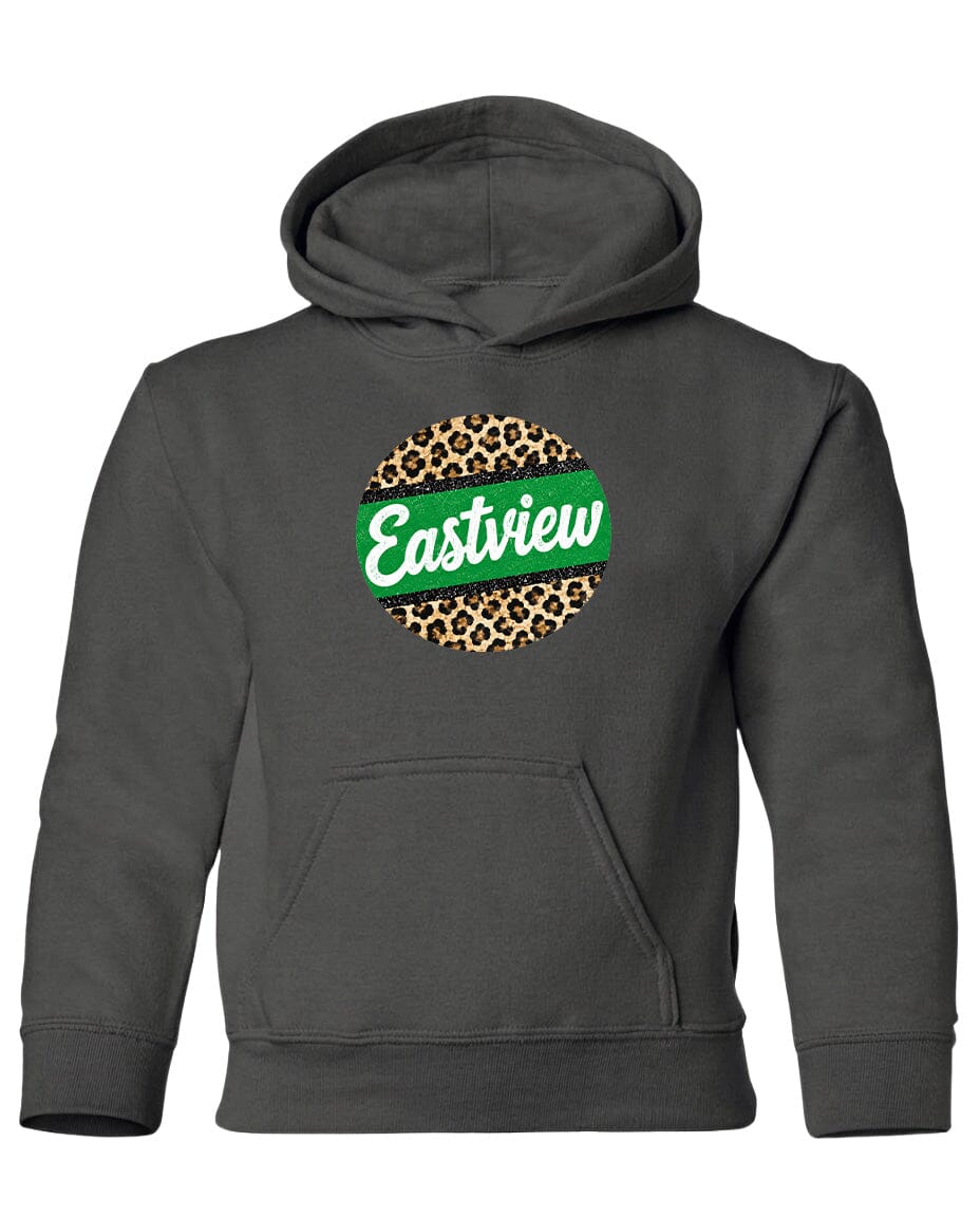 A gray hoodie with a leopard print design and the word "Eastview" printed on it.