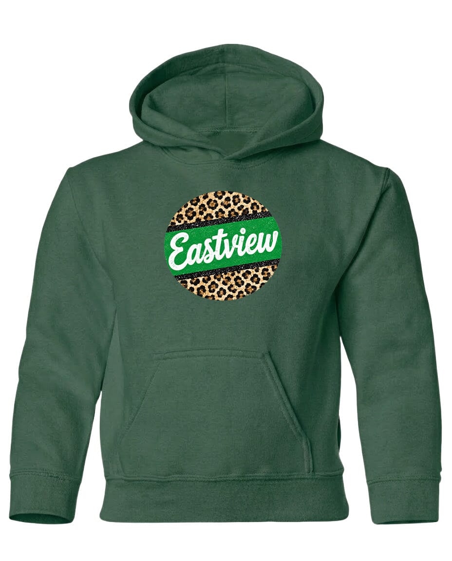 A green hoodie with a leopard print design and the word "Eastview" printed on it.