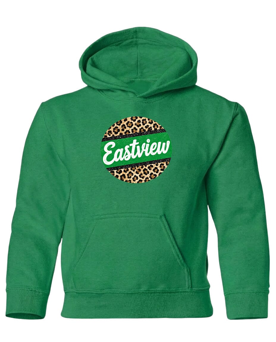 A green hoodie with a leopard print design and the word "Eastview" printed on it.