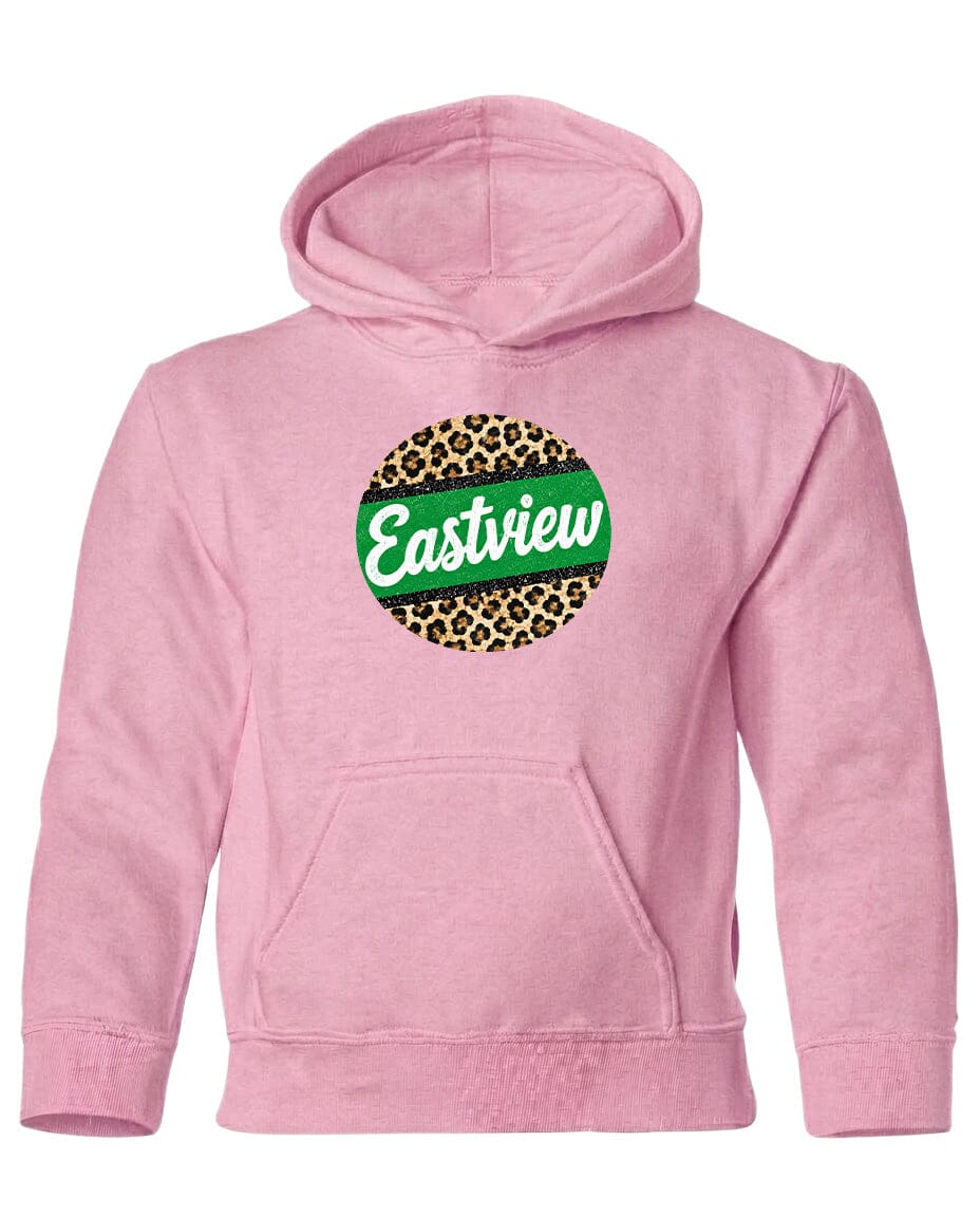 A pink hoodie with a leopard print design and the word "Eastview" printed on it.