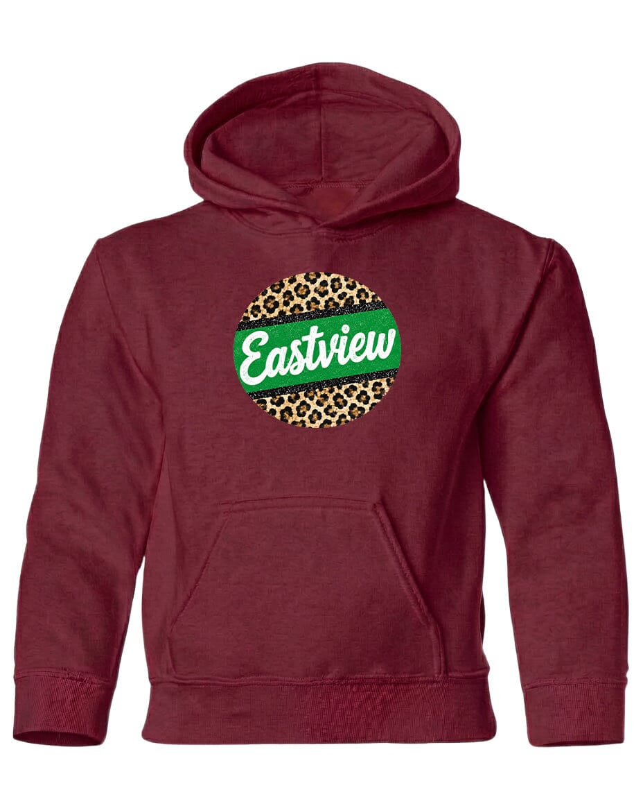 A burgundy-colored hoodie with a leopard print design and the word "Eastview" printed on it.
