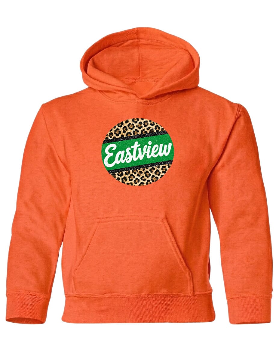 An orange hoodie with a leopard print design and the word "Eastview" printed on it.