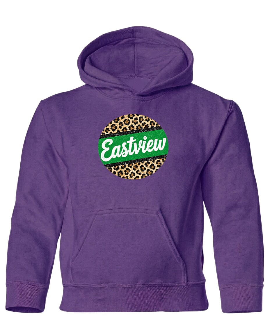 A purple hoodie with a leopard print design and the word "Eastview" printed on it.