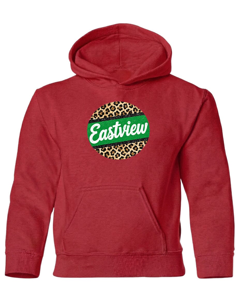 A red hoodie with a leopard print design and the word "Eastview" printed on it.