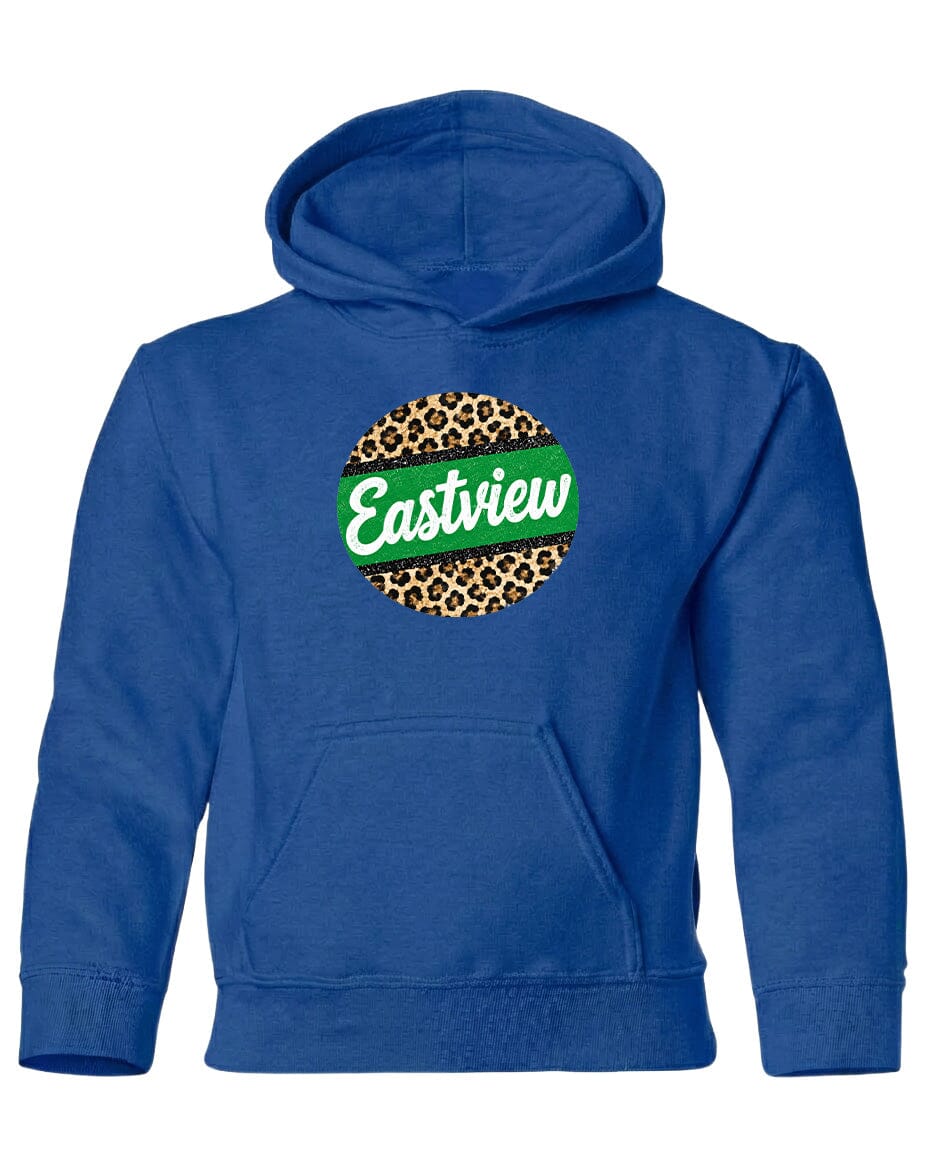 A blue hoodie with a leopard print design and the word "Eastview" printed on it.