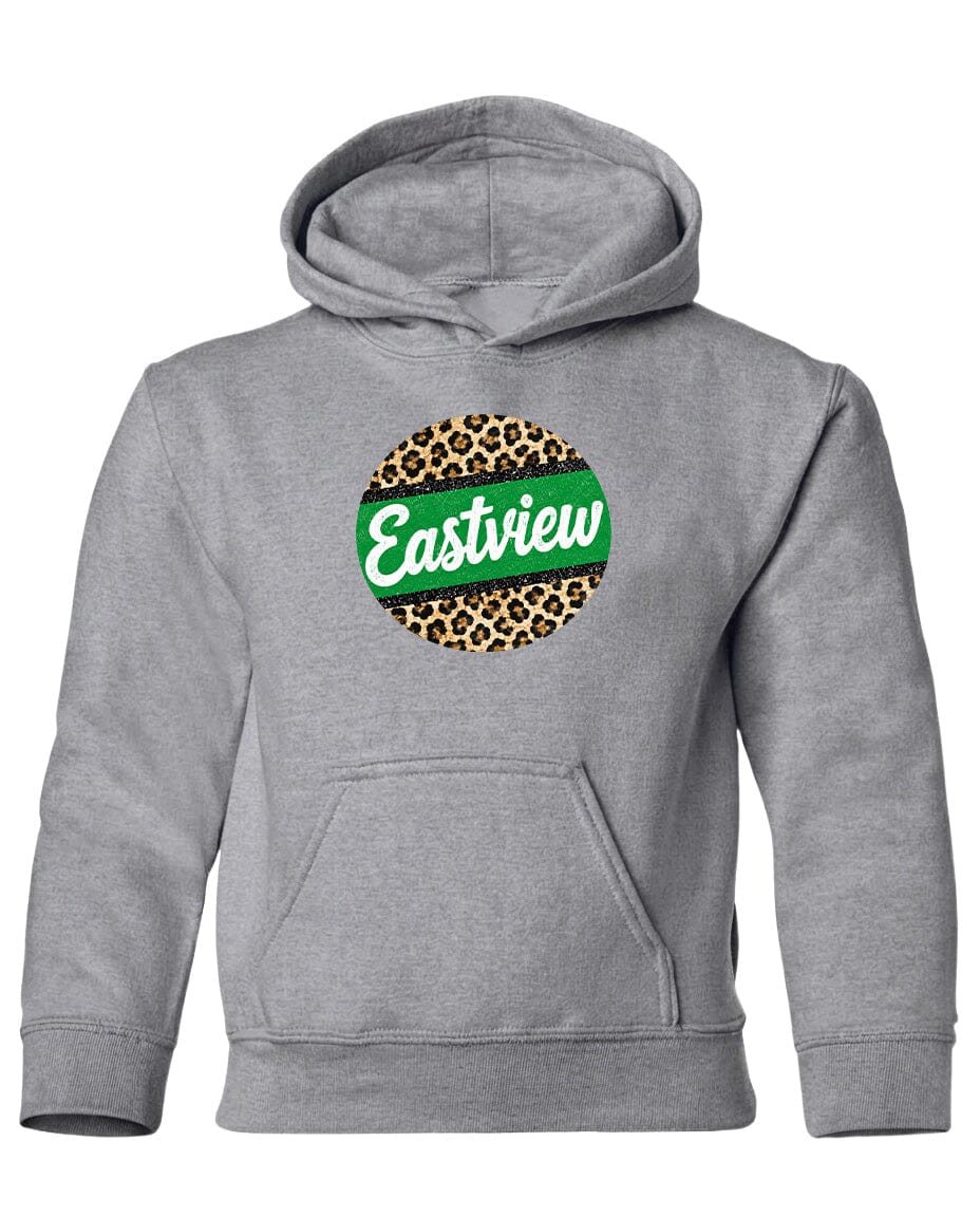 A gray hoodie with a leopard print design and the word "Eastview" printed on it.