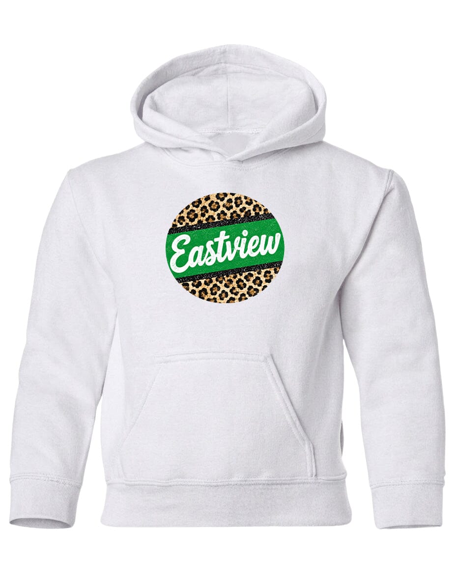 A white hoodie with a circular logo on the front.