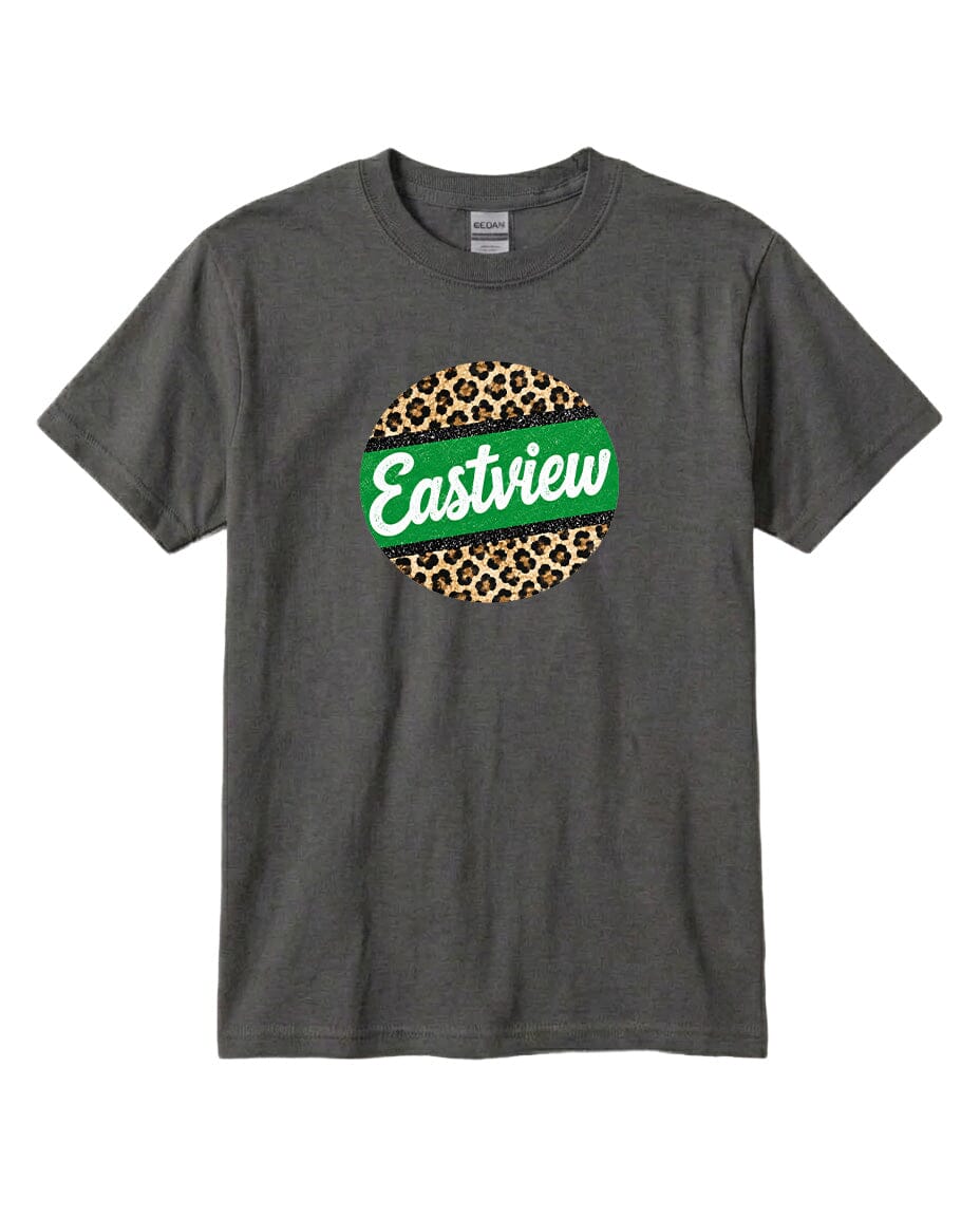 A gray t-shirt with a circular graphic design on the front. The design consists of a green circle with a leopard print pattern, and the word "Eastview" written in white cursive text inside the circle.