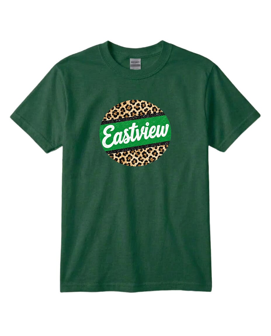 A green t-shirt with a circular logo that says "Eastview" in white text.