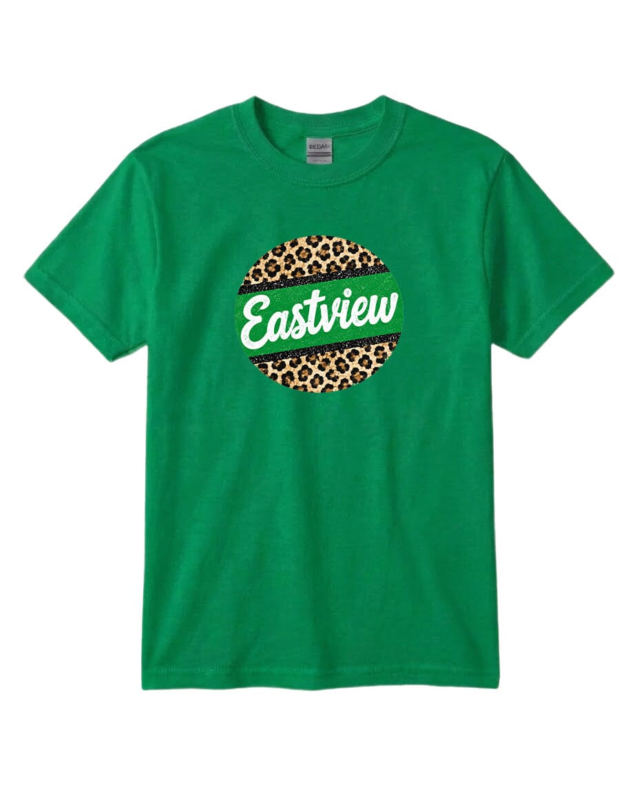 A green t-shirt with a circular logo that says "Eastview" in white text.