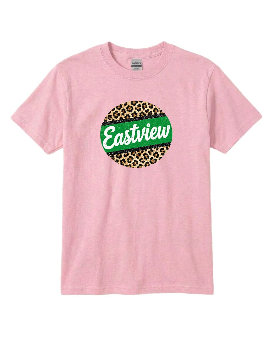 A pink t-shirt with a circular graphic design featuring a leopard print pattern and the word "Eastview" written in a stylized font.