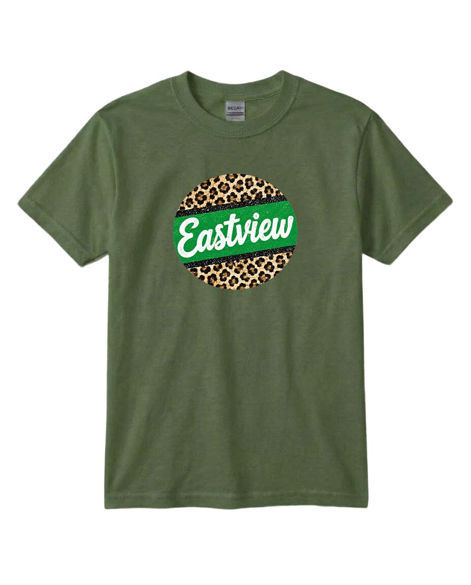 A green t-shirt with a circular logo that says "Eastview" in white text.