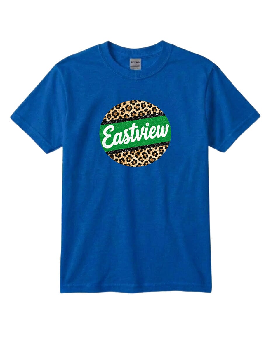 A blue t-shirt with a circular logo on it.