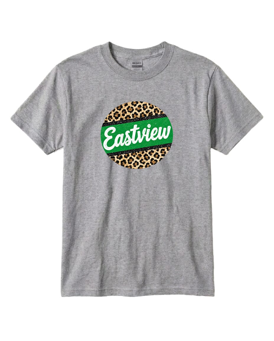 A gray t-shirt with a circular graphic design on the front. The design consists of a green circle with a leopard print pattern, and the word "Eastview" written in white cursive text inside the circle.