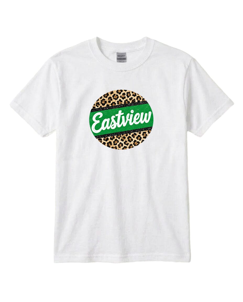 A white t-shirt with a circular graphic design featuring a leopard print pattern and the word "Eastview" written in green text.