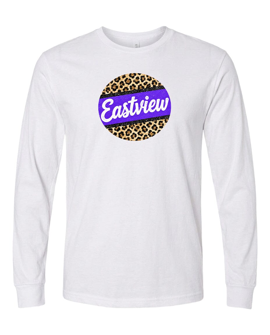 A white long-sleeved t-shirt with a circular graphic design featuring a leopard print pattern and the word "Eastview" written in purple text.