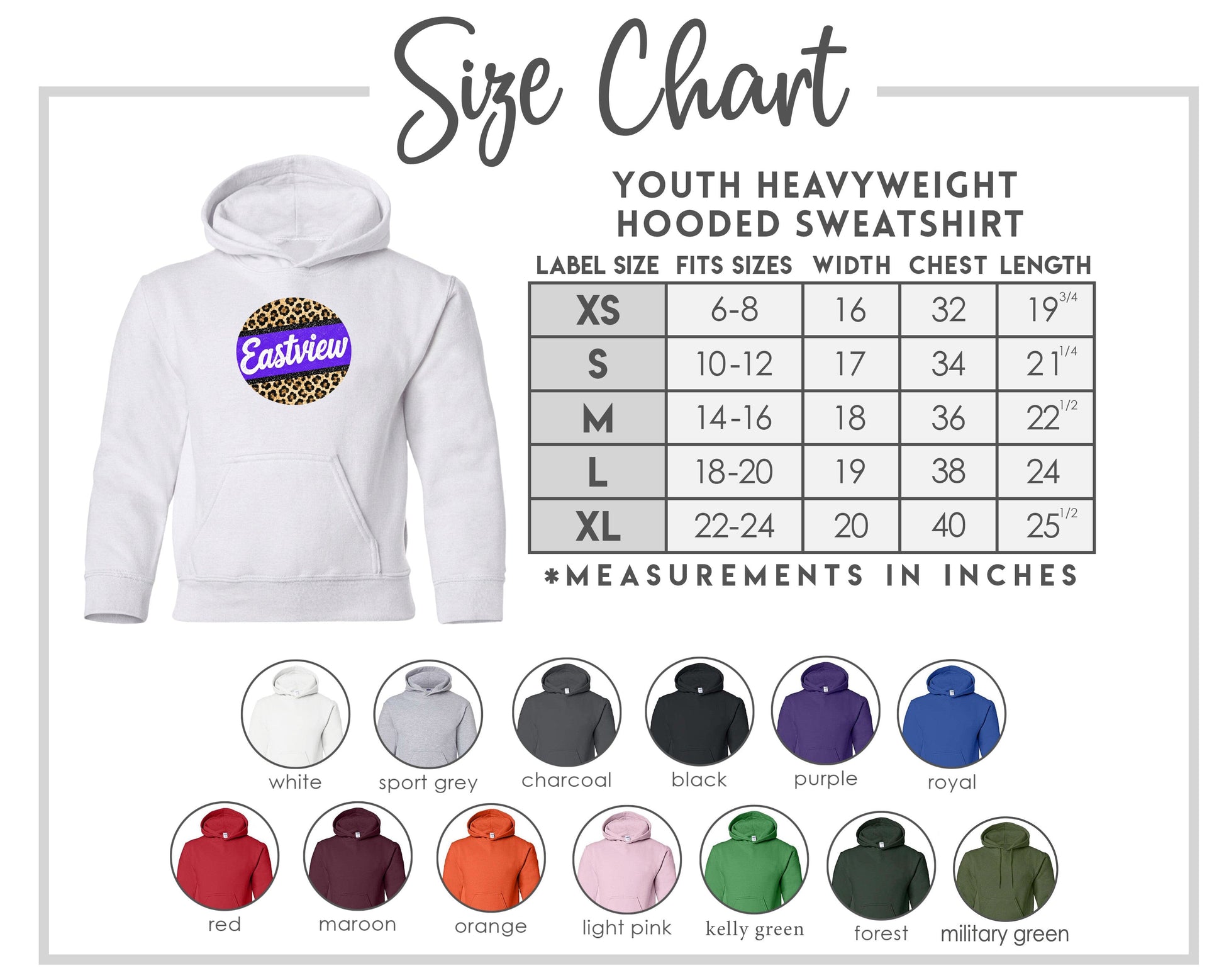 The image is a size chart for a youth heavyweight hooded sweatshirt, providing measurements for different sizes and corresponding color options.