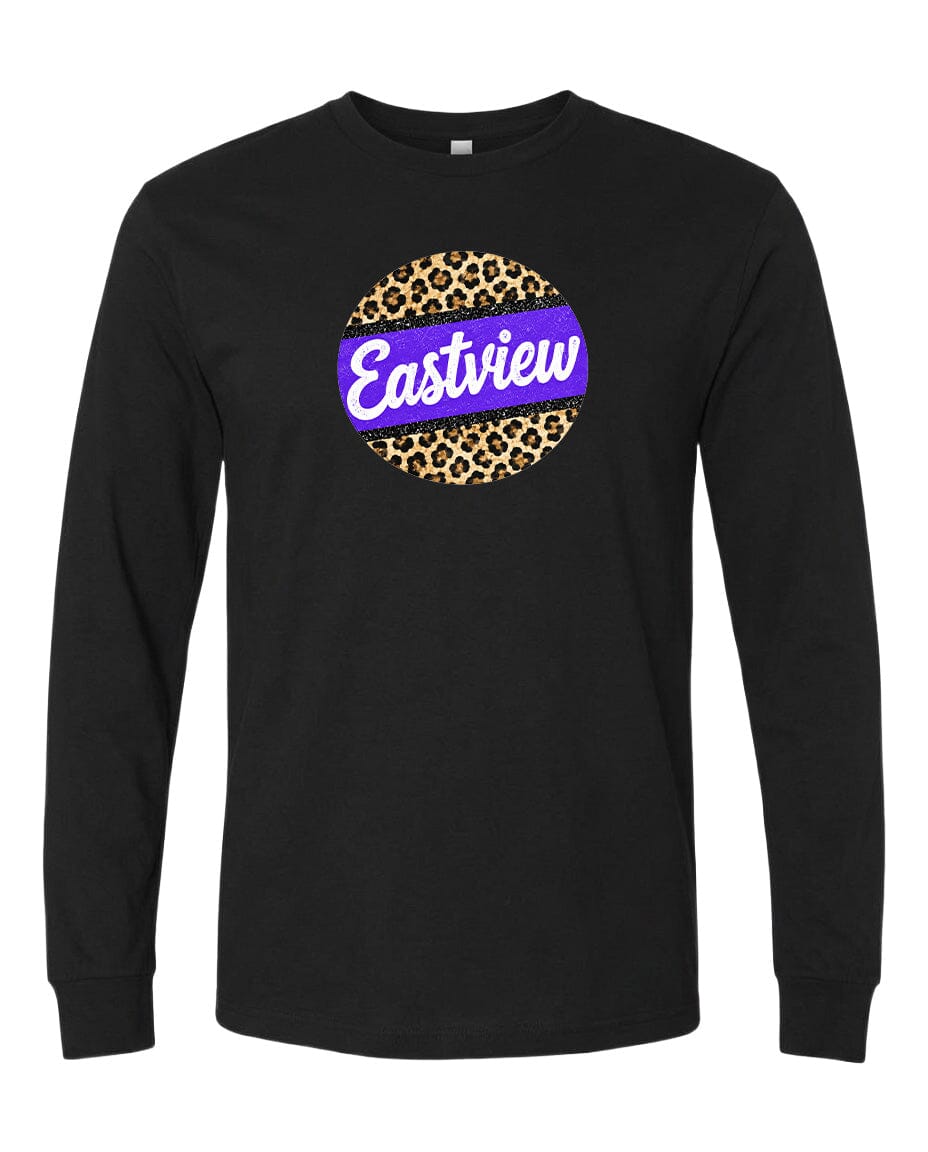 A black long-sleeved t-shirt with a purple and leopard print circular logo on the front.