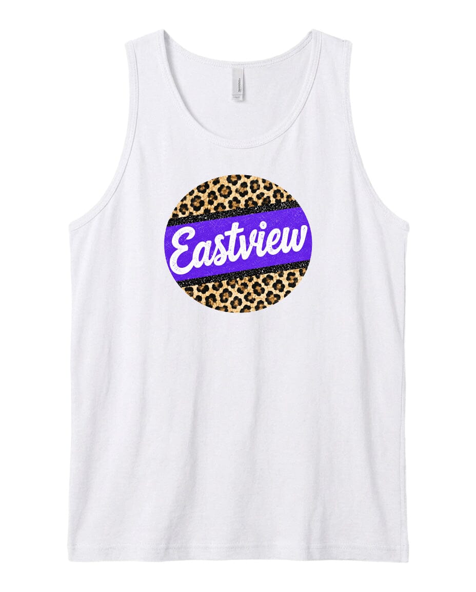 A white tank top with a circular design featuring a leopard print pattern and the word "Eastview" written in purple text.