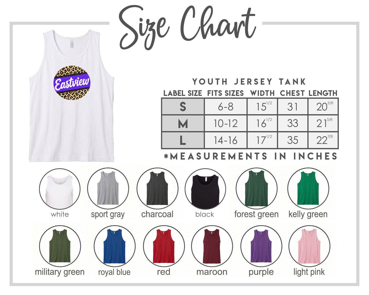 The image is a size chart for a youth jersey tank, displaying various color options and corresponding measurements in inches.