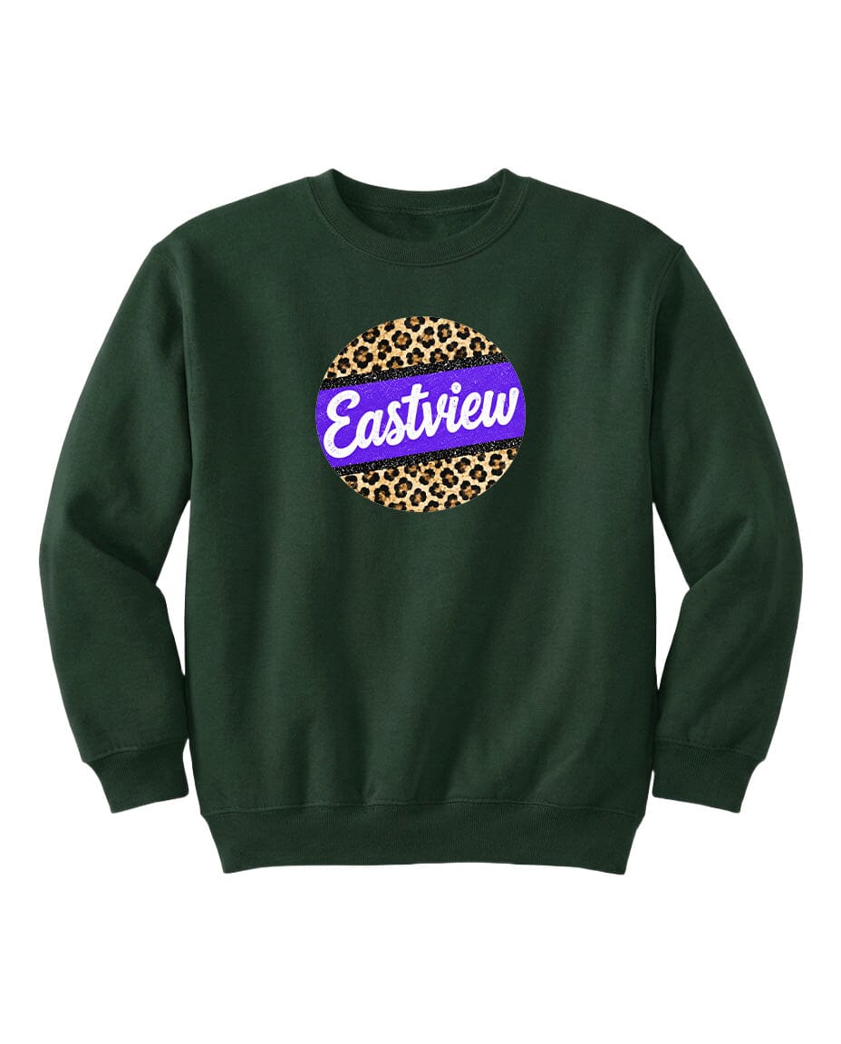 A dark green sweatshirt with a large circular logo on the front. The logo features a leopard print design and the word "Eastview" written in purple text.