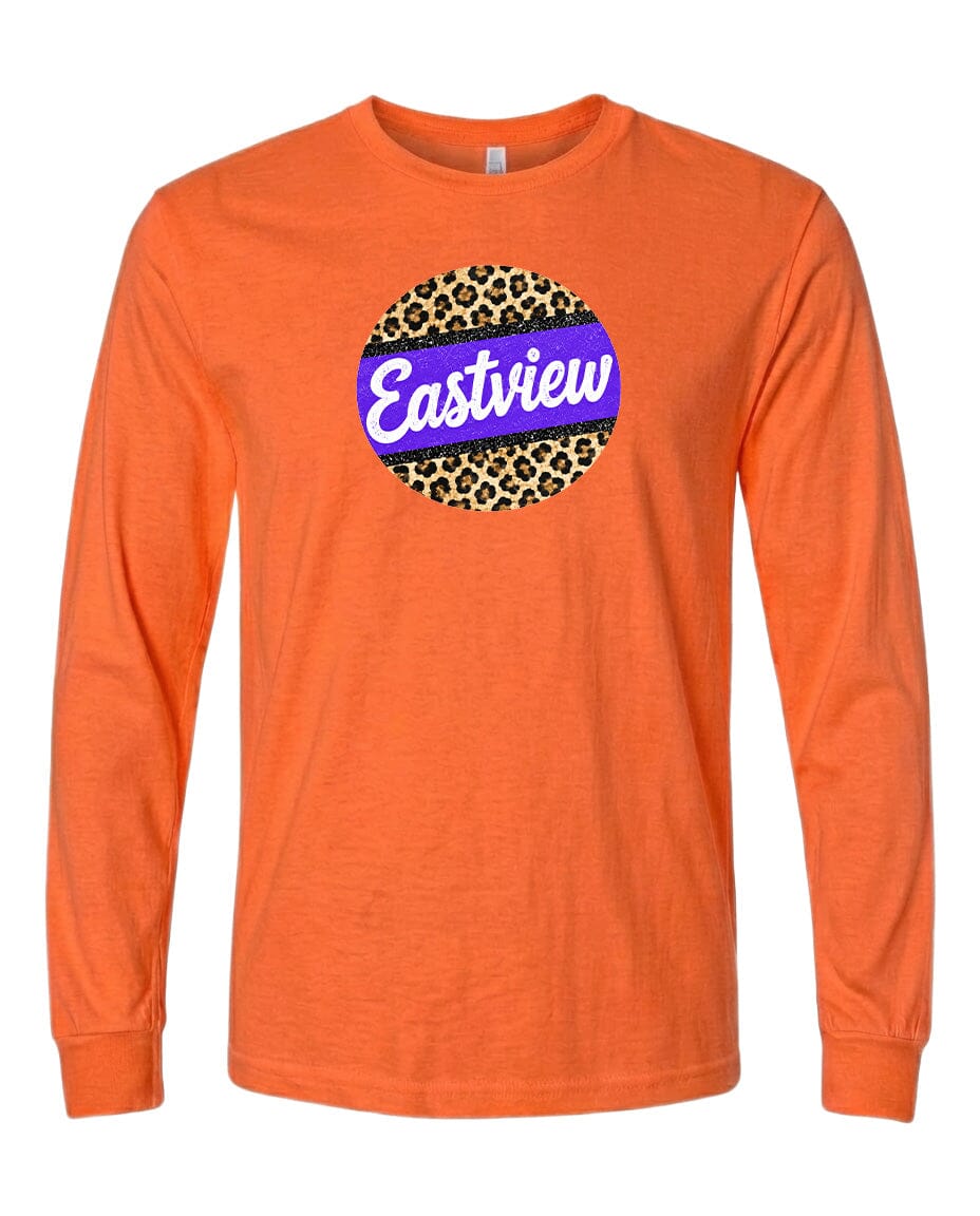 An orange long-sleeved t-shirt with a purple and leopard print circular logo on the front.