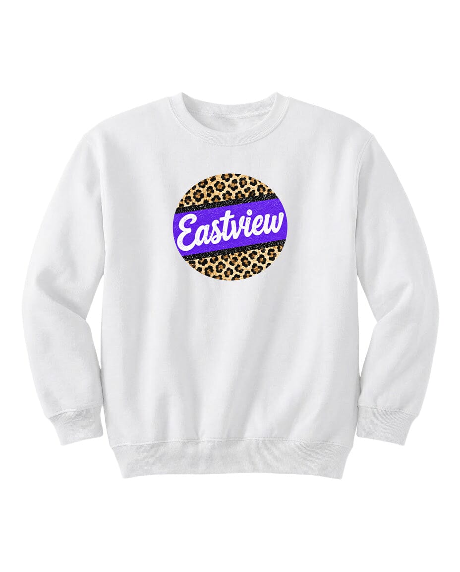 A white sweatshirt with a circular logo on the front. The logo features a leopard print design with a purple stripe.