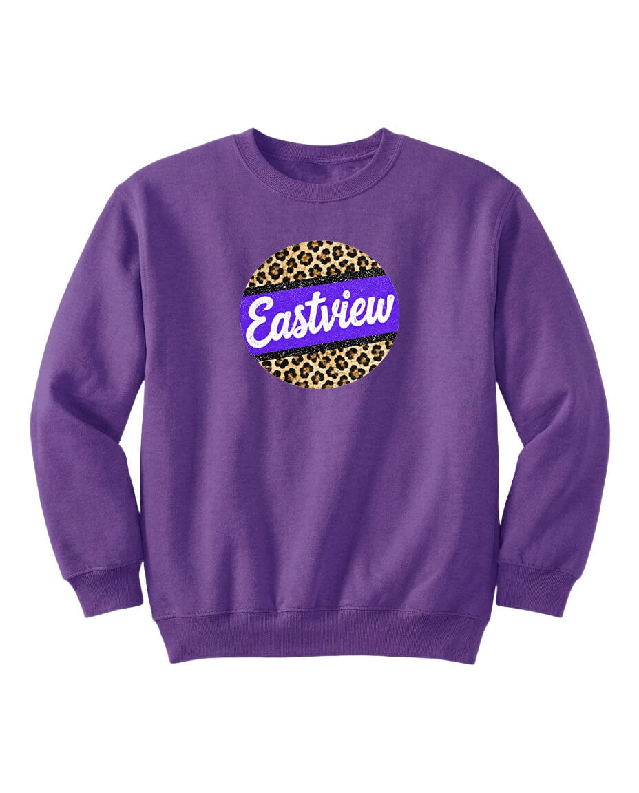 A purple sweatshirt with a leopard print design and the word "Eastview" printed on it.