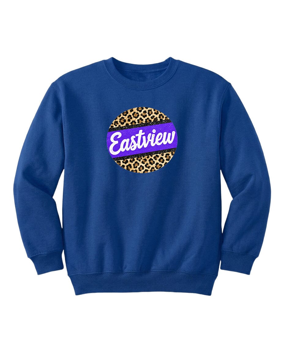 A blue sweatshirt with a leopard print design and the word "Eastview" printed on it.