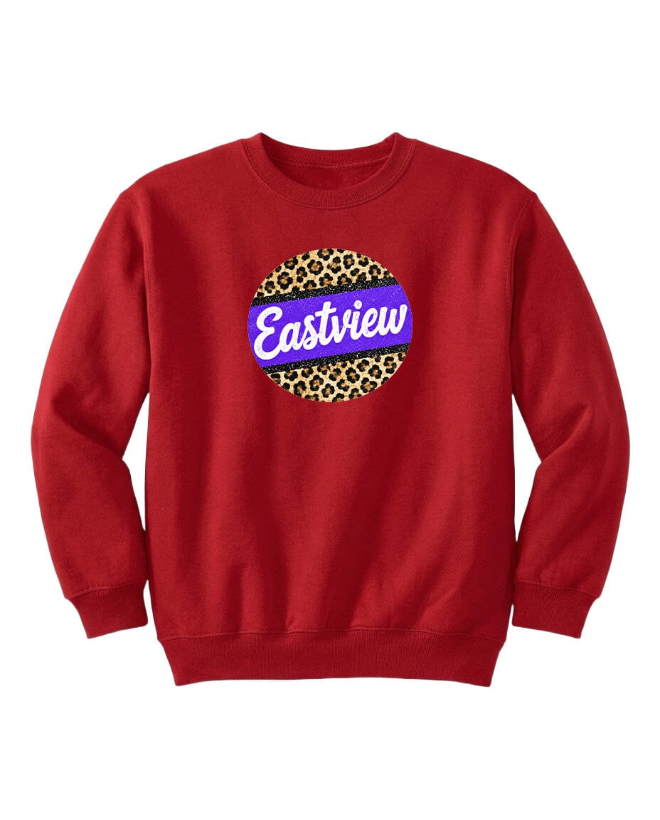 A red sweatshirt with a leopard print design and the word "Eastview" printed on it.