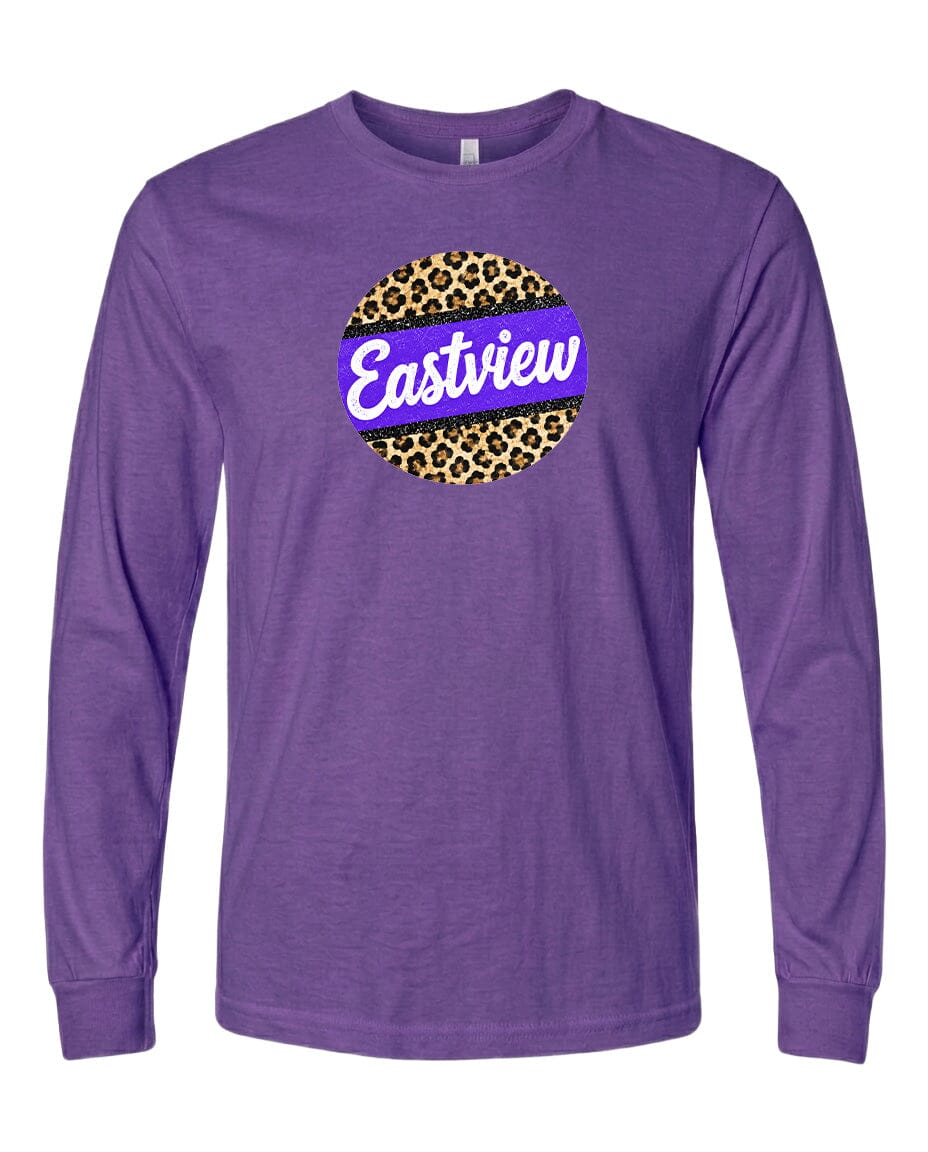 A purple long-sleeved t-shirt with a leopard print design and the word "Eastview" printed on it.