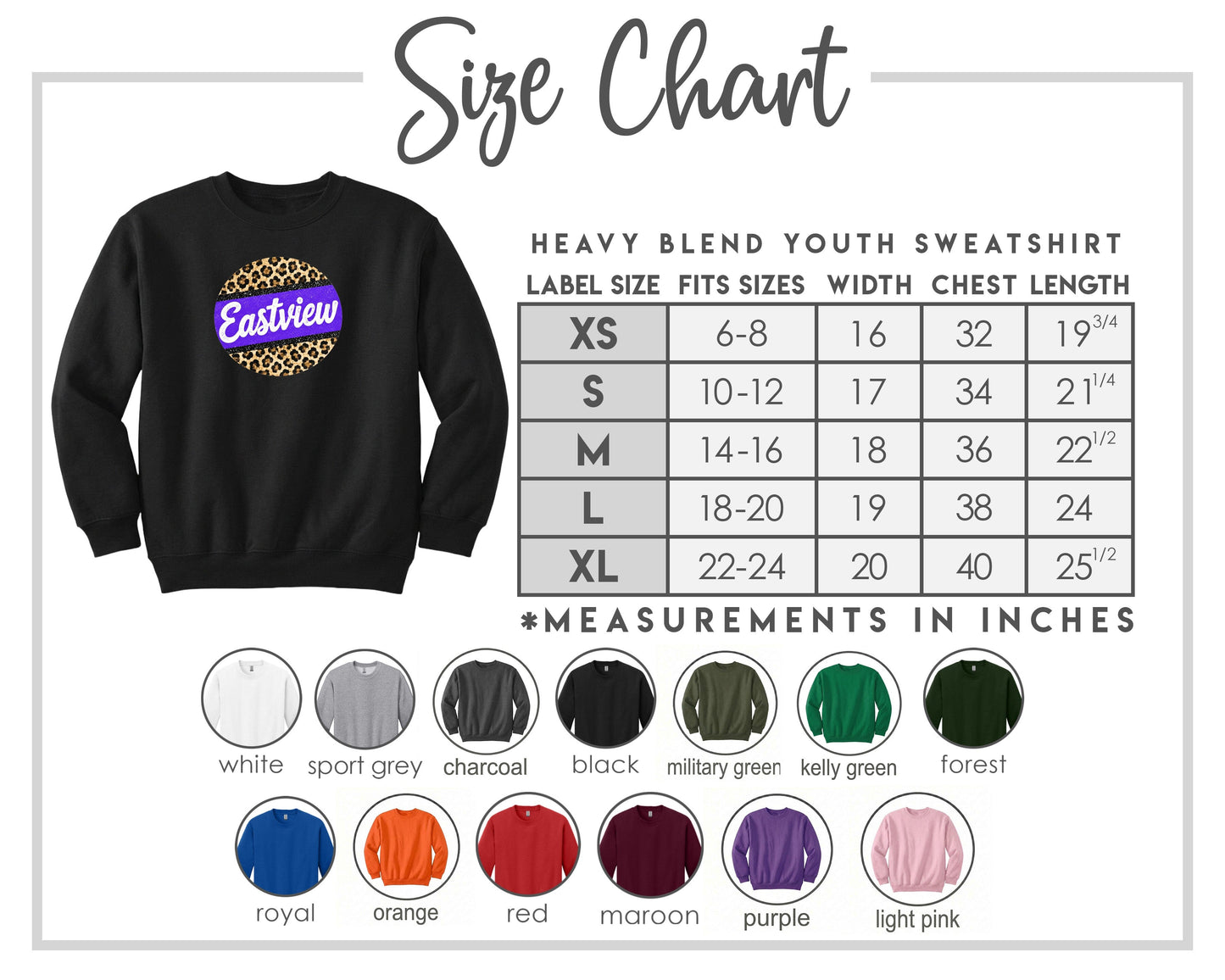 The image is a size chart for a heavy blend youth sweatshirt, including various color options and corresponding measurements in inches.