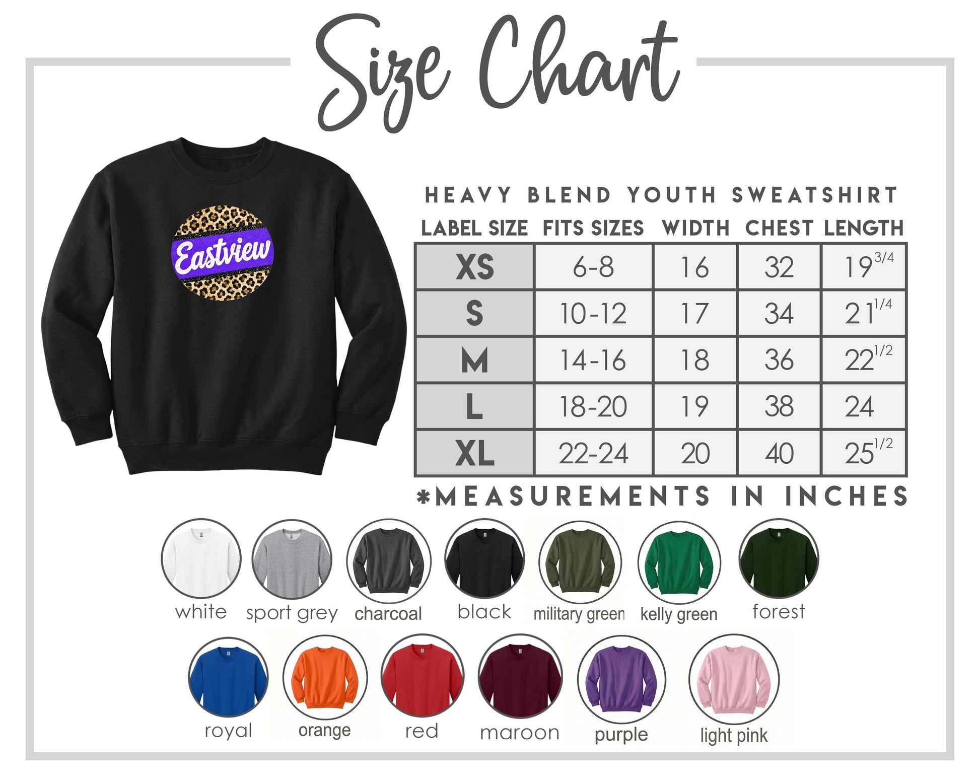 The image is a size chart for a heavy blend youth sweatshirt, including various color options and corresponding measurements in inches.