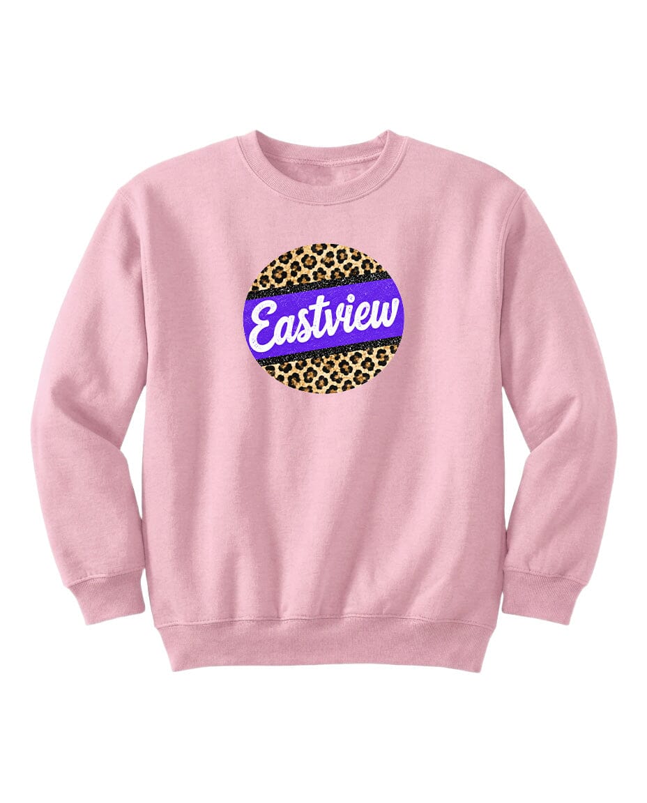 A pink sweatshirt with a leopard print design and the word "Eastview" printed on it.