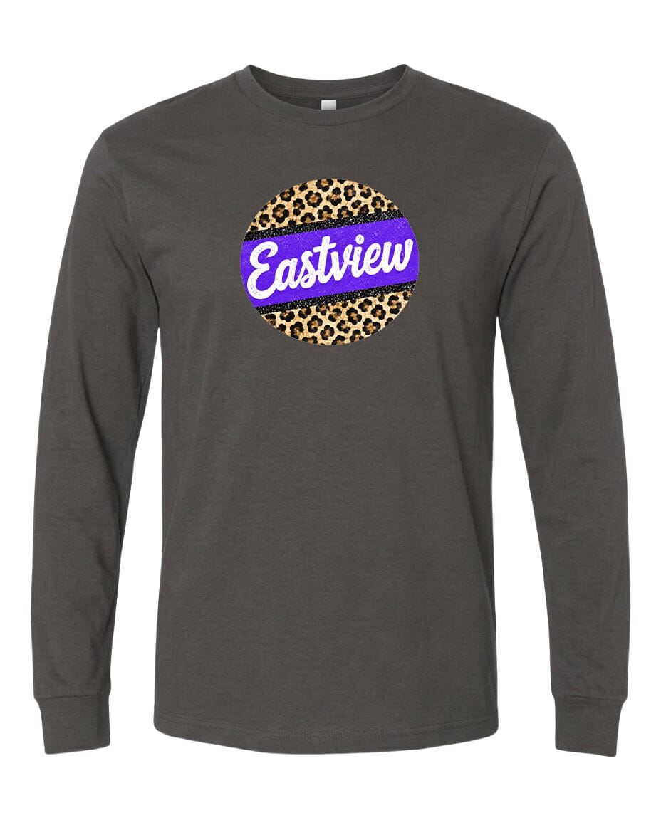 A gray long-sleeved t-shirt with a circular graphic design on the front. The design consists of a leopard print pattern surrounding a purple banner with the word "Eastview" written on it.