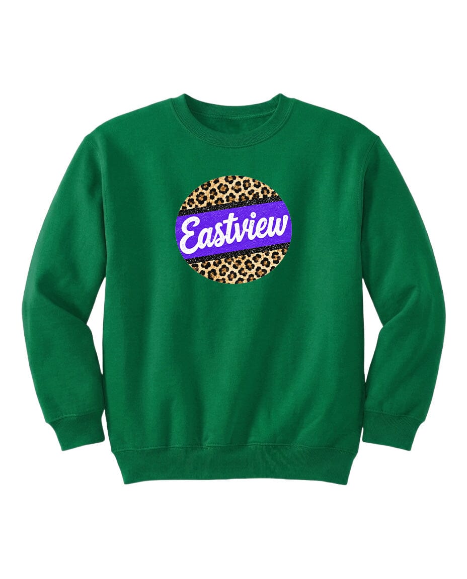 A green sweatshirt with a leopard print design and the word "Eastview" printed on it.