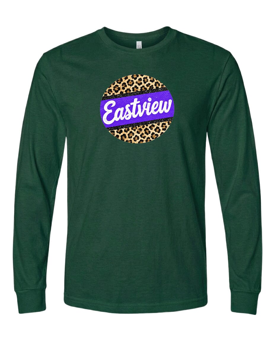 A green long-sleeved t-shirt with a purple and leopard print circular logo on the front.