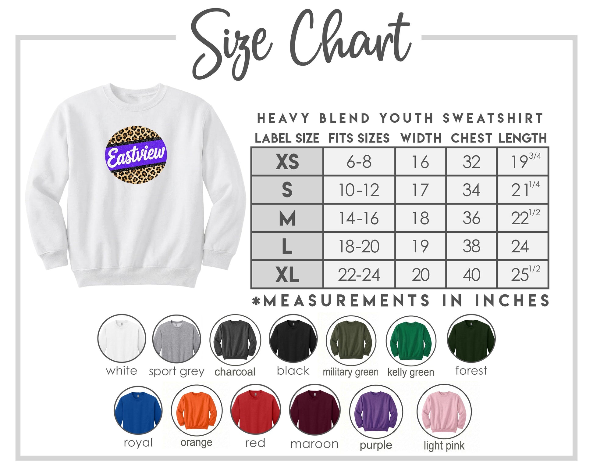 The image is a size chart for a heavy blend youth sweatshirt, including various color options and corresponding measurements in inches.